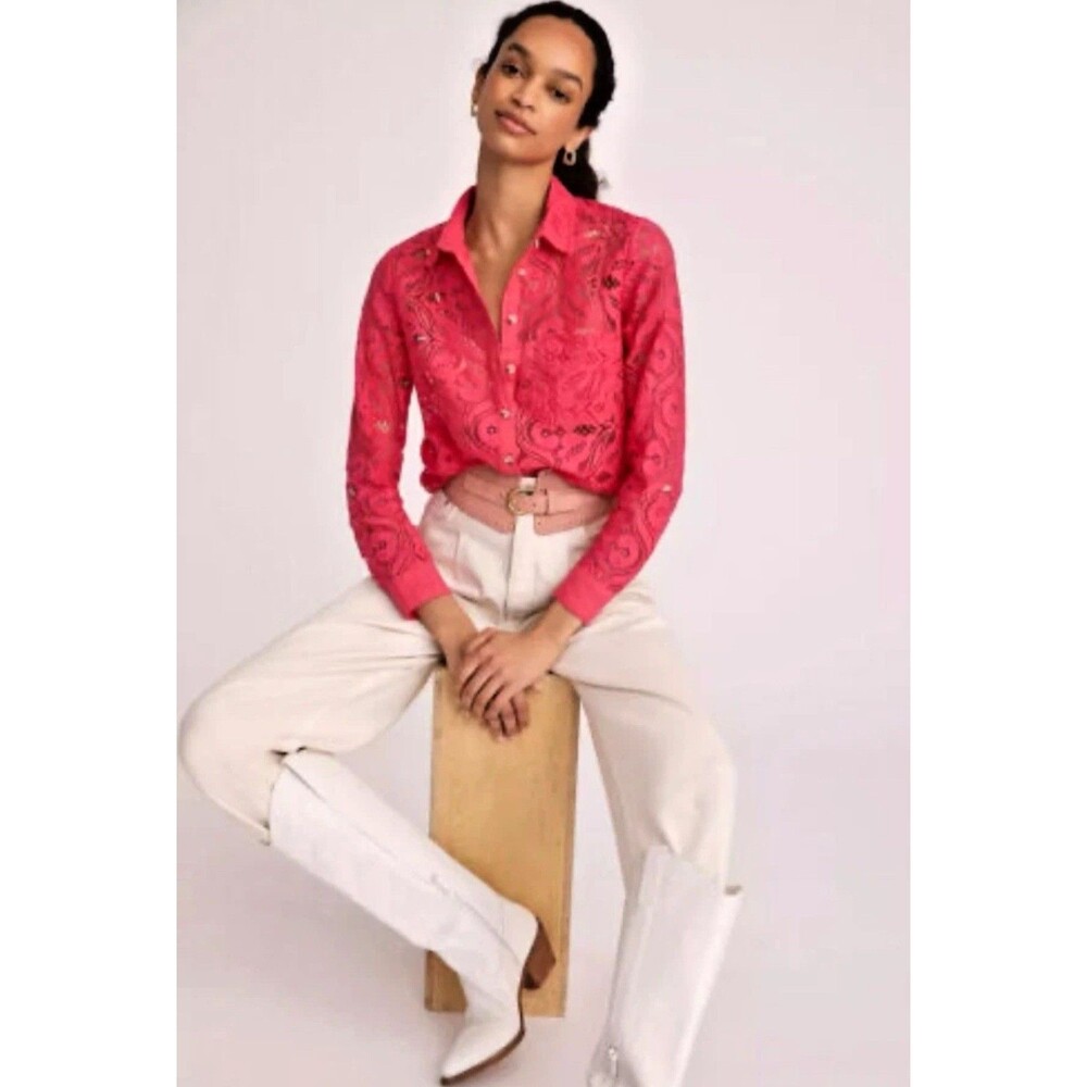Maeve Anthropologie Pink Open Lace Blouse Size 4 Floral Fuchsia Button-up